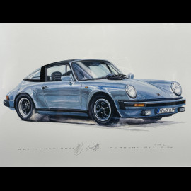 Porsche Rahmen 911 Targa SC Blau Schwarzer Holzrahmen mit Skizze 40 x 50 cm - Uli Ehret
