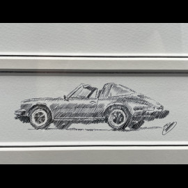 Porsche Rahmen 911 Targa SC Blau Schwarzer Holzrahmen mit Skizze 40 x 50 cm - Uli Ehret