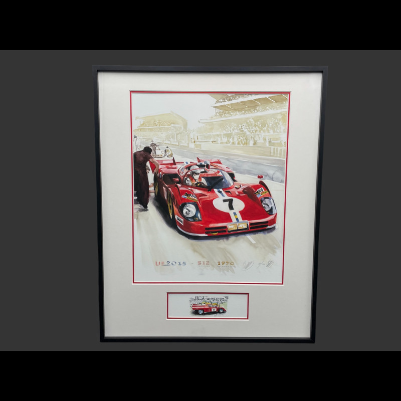 Ferrari Rahmen 512 S n° 7 24h Le Mans 1970 Schwarzer Holzrahmen mit Skizze 40 x 50 cm - Uli Ehret