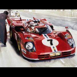 Ferrari Frame 512 S n° 7 24h Le Mans 1970 Black Wooden Frame with Sketch 40 x 50 cm - Uli Ehret