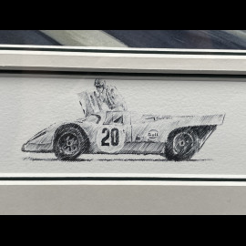 Steve McQueen Rahmen Porsche 917 KH n° 21 24h Le Mans 1970 Schwarzer Holzrahmen mit Skizze 40 x 50 cm - Uli Ehret