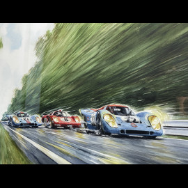 Steve McQueen Frame Porsche 917 KH n° 21 24h Le Mans 1970 Black Wooden Frame with Sketch 40 x 50 cm - Uli Ehret