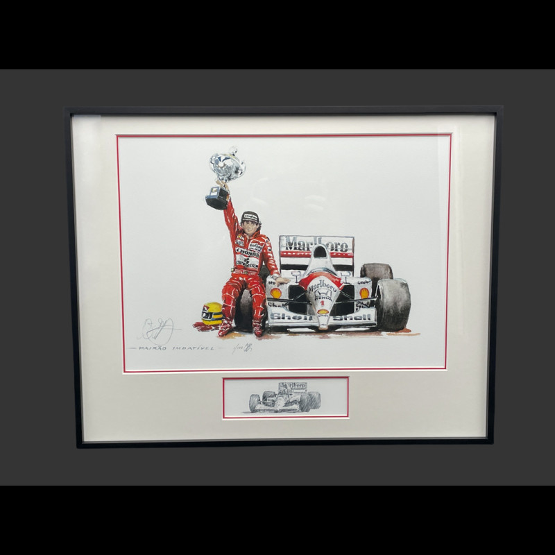 Ayrton Senna Rahmen McLaren MP4/4 GP Brasilien 1988 F1 Schwarzer Holzrahmen mit Skizze 40 x 50 cm - Uli Ehret
