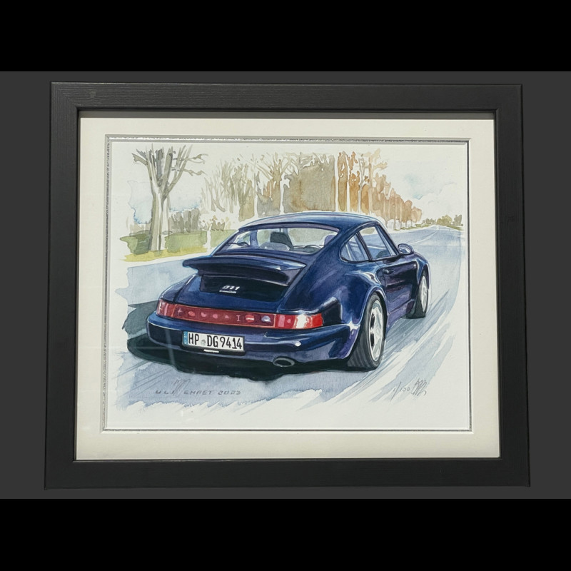 Porsche Rahmen 911 Typ 964 30-Jähriges Jubiläumsedition 911 Schwarzer Holzrahmen mit Skizze 25 x 30 cm - Uli Ehret