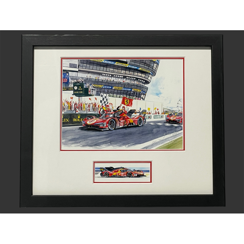 Ferrari Rahmen 499P N° 51 2023 Schwarzer Holzrahmen mit Skizze 25 x 30 cm - Uli Ehret
