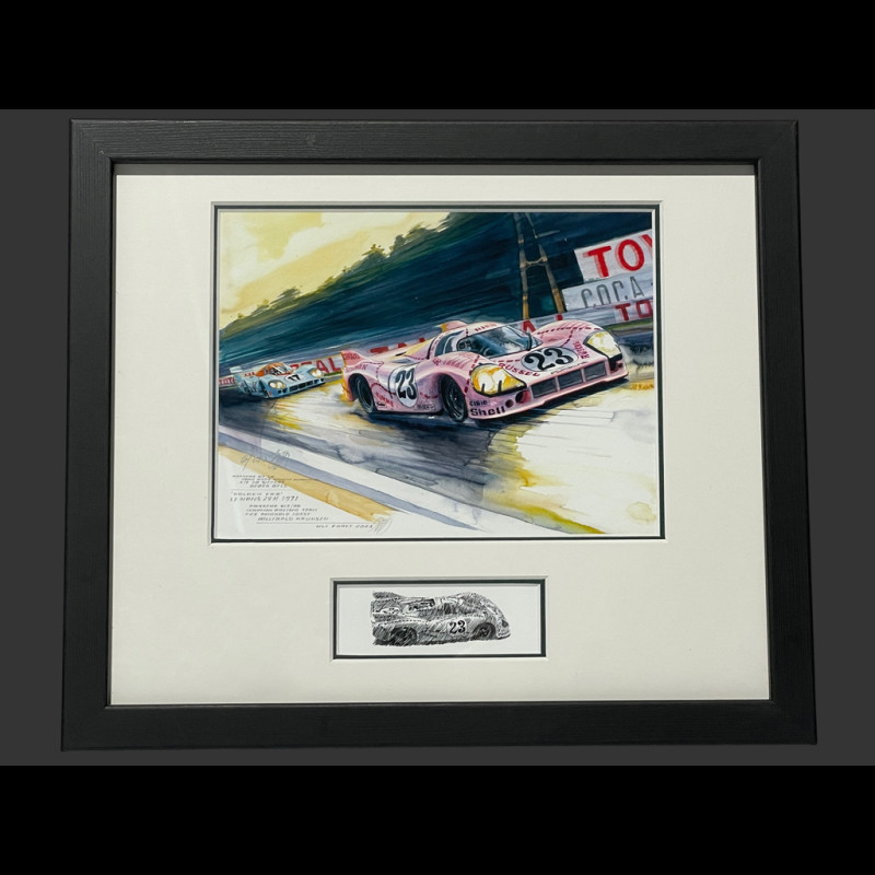 Porsche Rahmen 917/20 Pink Pig n° 23 24H Le Mans 1971 Schwarzer Holzrahmen mit Skizze 25 x 30 cm - Uli Ehret