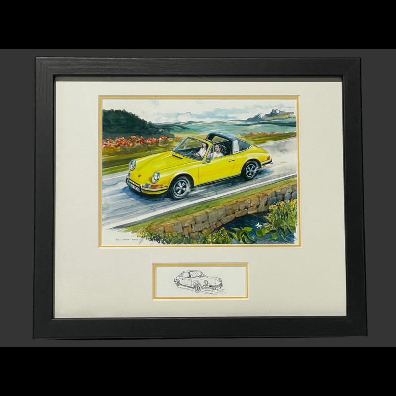 Porsche Rahmen 911 Targa Gelb 1973 Schwarzer Holzrahmen 25 x 30 cm - Uli Ehret