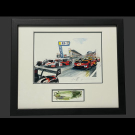 Porsche Rahmen 963 Penske n° 5 / Ferrari 499P n° 50 24H Le Mans 2023 Schwarzer Holzrahmen mit Skizze 25 x 30 cm - Uli Ehret