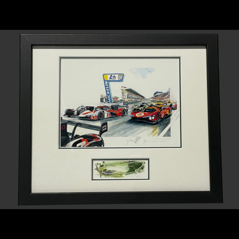 Porsche Frame 963 Penske n° 5 / Ferrari 499P n° 50 24H Le Mans 2023 Black Wooden Frame with Sketch 25 x 30 cm - Uli Ehret