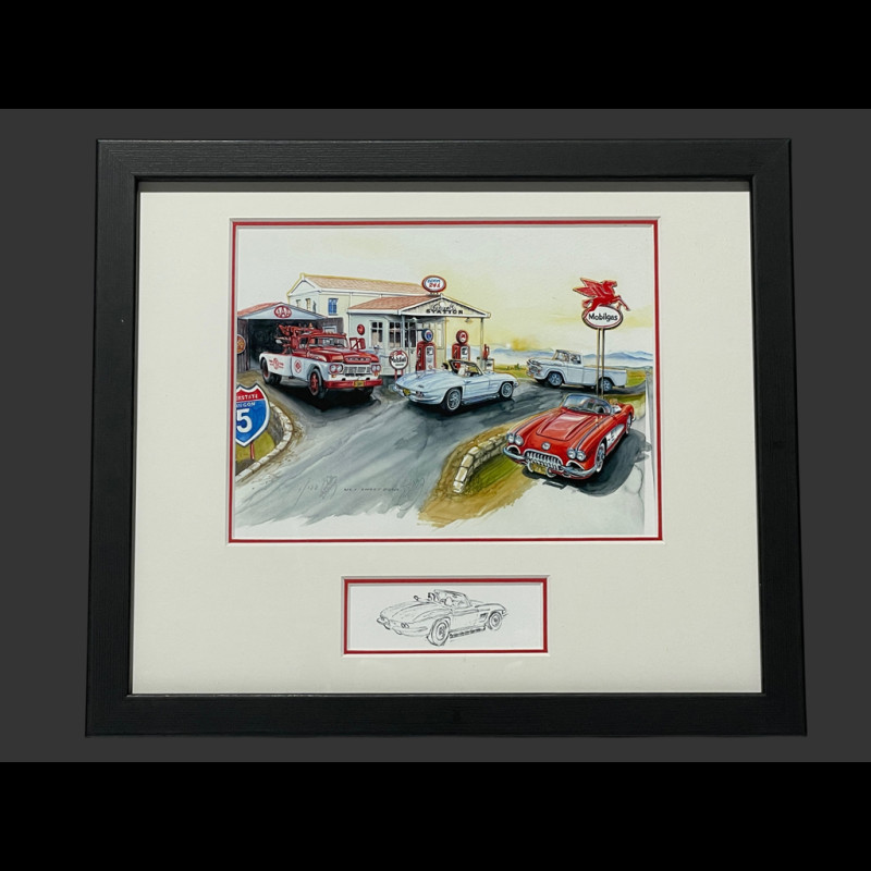 Chevrolet Frame Corvette C1 / C2 Stingray / Ford Tow Truck and Truck Black Wooden Frame with Sketch 25 x 30 cm - Uli Ehret