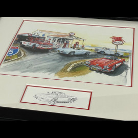 Chevrolet Frame Corvette C1 / C2 Stingray / Ford Tow Truck and Truck Black Wooden Frame with Sketch 25 x 30 cm - Uli Ehret