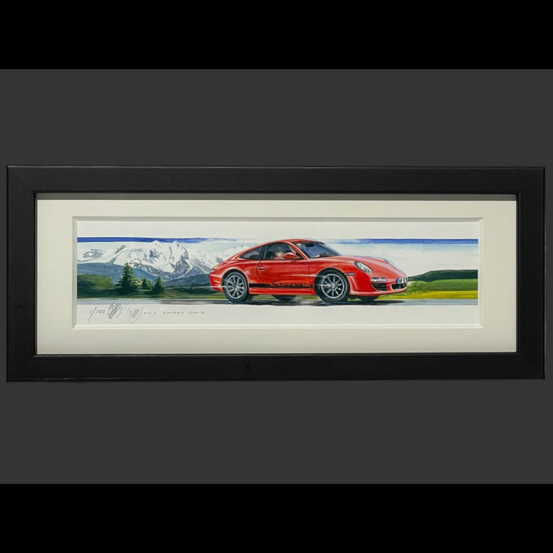 Porsche Frame 911 Carrera Type 997 Alps Black Wooden Frame 38 x 15 cm - Uli Ehret