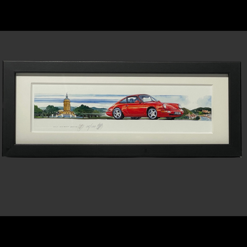 Porsche Rahmen 911 Typ 964 1988 Mannheim Schwarzer Holzrahmen 38 x 15 cm - Uli Ehret