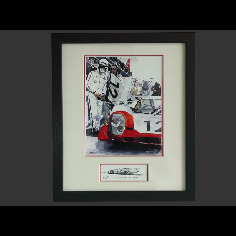 Porsche Frame 917 LH n° 12 24h Le Mans 1969 Black Wooden Frame with Sketch 25 x 30 cm - Uli Ehret