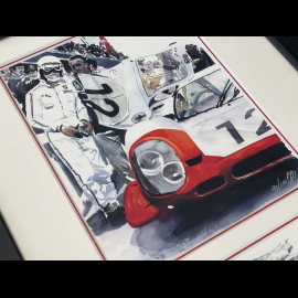 Porsche Rahmen 917 LH n° 12 24h Le Mans 1969 Schwarzer Holzrahmen mit Skizze 25 x 30 cm - Uli Ehret