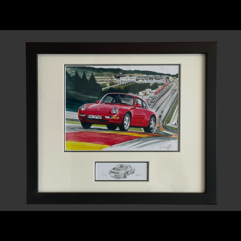 Porsche Frame 911 Coupe Type 993 1998 Spa Francorchamps Black Wooden Frame with Sketch 25 x 30 cm - Uli Ehret