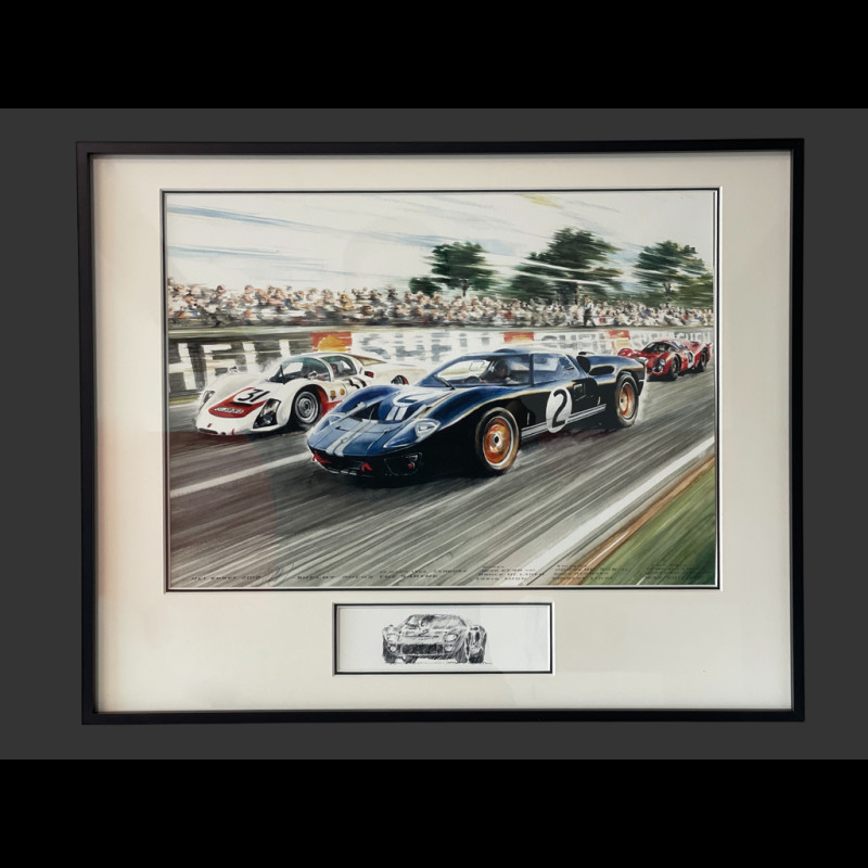 Ford Frame GT40 n° 2 / Porsche 906/6L n° 31 24h Le Mans 1966 Black Wooden Frame with Sketch 40 x 50 cm - Uli Ehret