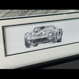 Ford Frame GT40 n° 2 / Porsche 906/6L n° 31 24h Le Mans 1966 Black Wooden Frame with Sketch 40 x 50 cm - Uli Ehret