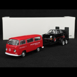 Set mit Porsche 911 Carrera RS 2.7 1973 auf Anhänger und Volkswagen T2 Combi 1/38 Welly MAP01023025