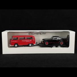 Set mit Porsche 911 Carrera RS 2.7 1973 auf Anhänger und Volkswagen T2 Combi 1/38 Welly MAP01023025