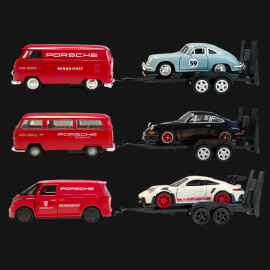 Trio Set Porsche 356 / 911 Carrera RS 2.7 1973 and 911 GT3 RS 2023 on trailer with Volkswagen Combi 1/38 Welly
