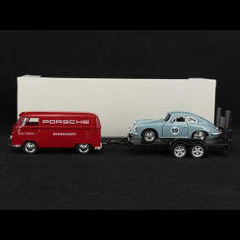Trio Set Porsche 356 B 1961 / 911 Carrera RS 2.7 1973 and 911 GT3 RS 2023 on trailer with Volkswagen Combi 1/38 Welly