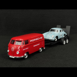 Trio Set Porsche 356 B 1961 / 911 Carrera RS 2.7 1973 and 911 GT3 RS 2023 on trailer with Volkswagen Combi 1/38 Welly