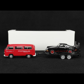 Trio Set Porsche 356 B 1961 / 911 Carrera RS 2.7 1973 and 911 GT3 RS 2023 on trailer with Volkswagen Combi 1/38 Welly