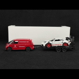 Trio Set Porsche 356 B 1961 / 911 Carrera RS 2.7 1973 and 911 GT3 RS 2023 on trailer with Volkswagen Combi 1/38 Welly