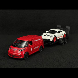 Trio Set Porsche 356 B 1961 / 911 Carrera RS 2.7 1973 and 911 GT3 RS 2023 on trailer with Volkswagen Combi 1/38 Welly