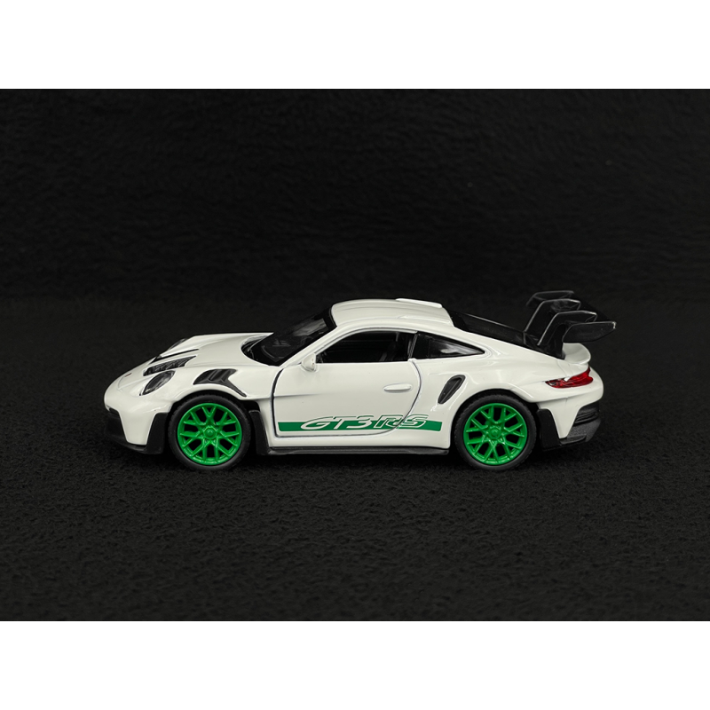 Porsche 911 GT3 RS Typ 992 2022 Weiß / Pythongrün Streifen Reibungsspielzeug 1/38 Welly MAP01099224