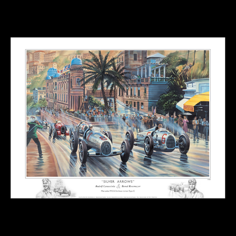 Poster "Silberpfeile" Caracciola Rosemeyer GP Monaco 1936 80 x 60 cm Originalzeichnung von Benjamin Freudenthal