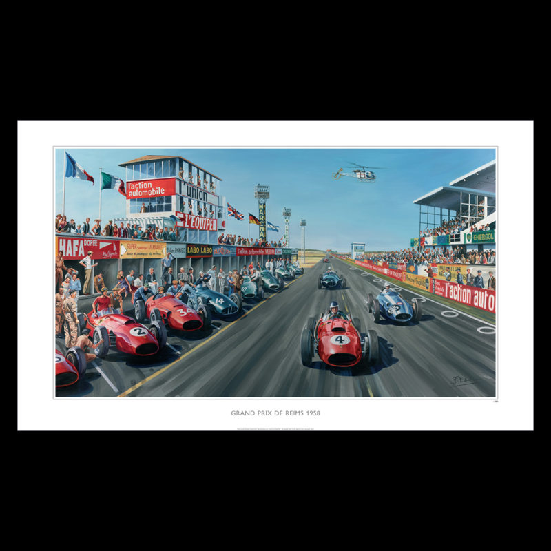 Poster "Grand Prix de Reims 1958" Mike Hawthorn 100 x 50 cm Originalzeichnung von Benjamin Freudenthal