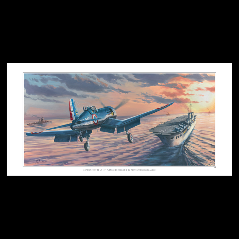 Poster "Corsair F4U-7 approaching the aircraft carrier Arromanches" 100 x 50 cm original drawing by Benjamin Freudenthal