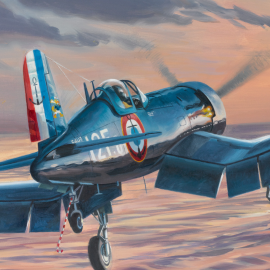Poster "Corsair F4U-7 nähert sich dem Flugzeugträger Arromanches" 100 x 50 cm Originalzeichnung von Benjamin Freudenthal