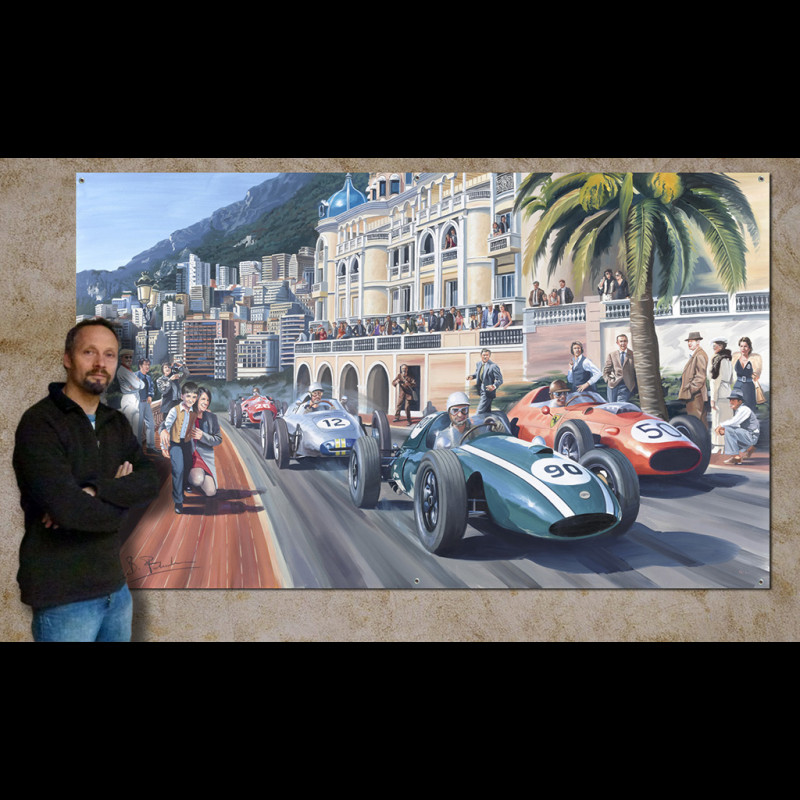 Leinwanddruck Cooper T51 / Ferrari Dino 246 / Porsche F2 GP Monaco 1959 230 x 150 cm Originalentwurf von Benjamin Freudenthal