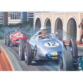 Leinwanddruck Cooper T51 / Ferrari Dino 246 / Porsche F2 GP Monaco 1959 230 x 150 cm Originalentwurf von Benjamin Freudenthal