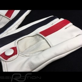 Driving Gloves fingerless mittens leather Racing cream red and blue stripes