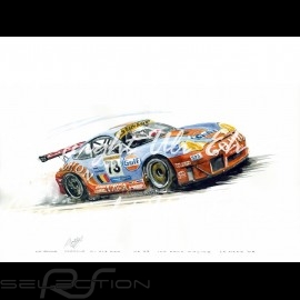 Porsche 911 type 996 GT3 RSR n° 73 Gulf Go on wood frame aluminum with black and white sketch Limited edition Uli Ehret - 86