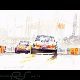 Porsche 911 Le Mans 1971 tertre rouge wood frame aluminum with black and white sketch Limited edition Uli Ehret - 186