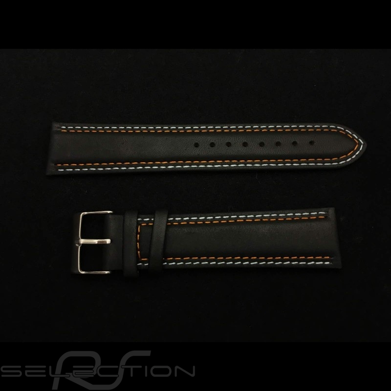 Watch strap Racing team black leather / Gulf blue and orange stitching