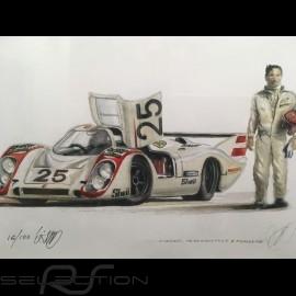 Porsche 917 LH n° 25 LM 1970 with Vic Elford wood frame aluminum with black and white sketch Limited edition Uli Ehret - 216