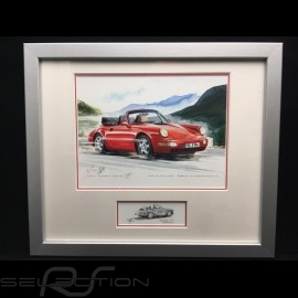 Porsche 911 type 964 Carrera Cabriolet red wood frame aluminum with black and white sketch Limited edition Uli Ehret - 598
