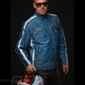 Gulf leather jacket Lucky Number 69 Racing Team Classic driver blue - men