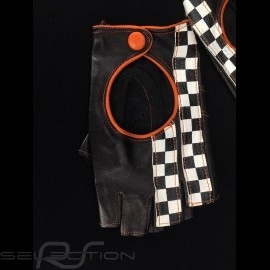 Driving Gloves fingerless mittens leather Racing black / orange checkered flag
