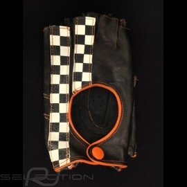 Driving Gloves fingerless mittens leather Racing black / orange checkered flag