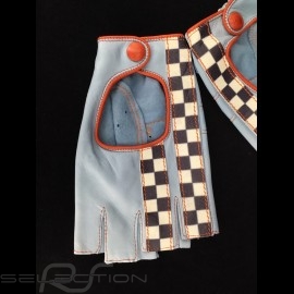 Fahren Handschuhe fingerless Leder Racing blau / orange Zielflagge
