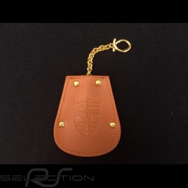 Porsche key pouch brown leather Reutter retractable gold plated chain