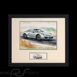 Porsche 911 type 991 Carrera silver grey wood frame black with black and white sketch Limited edition Uli Ehret - 139