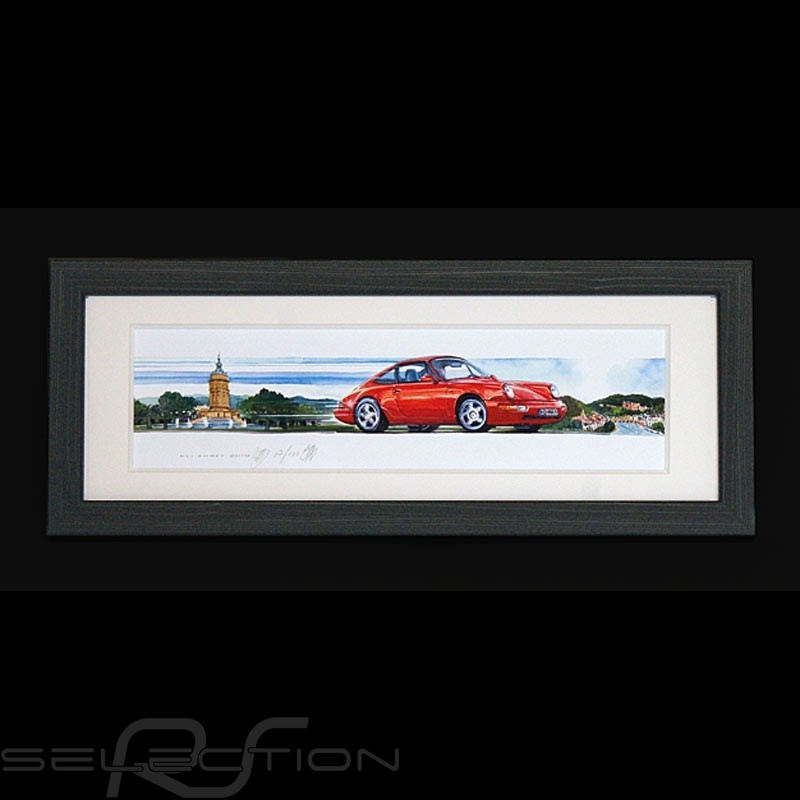 Porsche 911 Type 964 Rot Mannheim - Heidelberg Schwarz Holzrahmen 15 x 35 cm Limitierte Auflage Uli Ehret - 810
